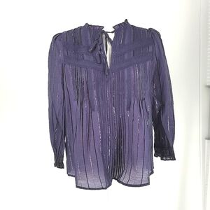 Current Air Los Angeles, Purple & Silver Pleated Puff Sleeve Keyhole Top…